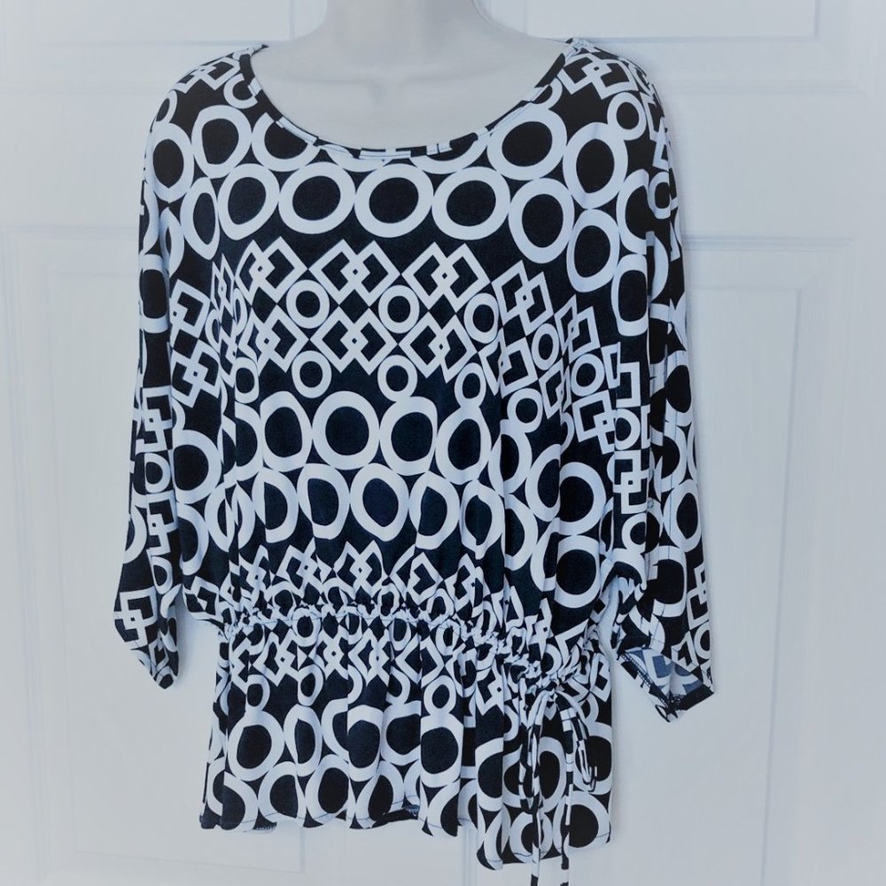 LanaLee Navy/white Geometric Print Batwing Sleeve Drawstring Waist S